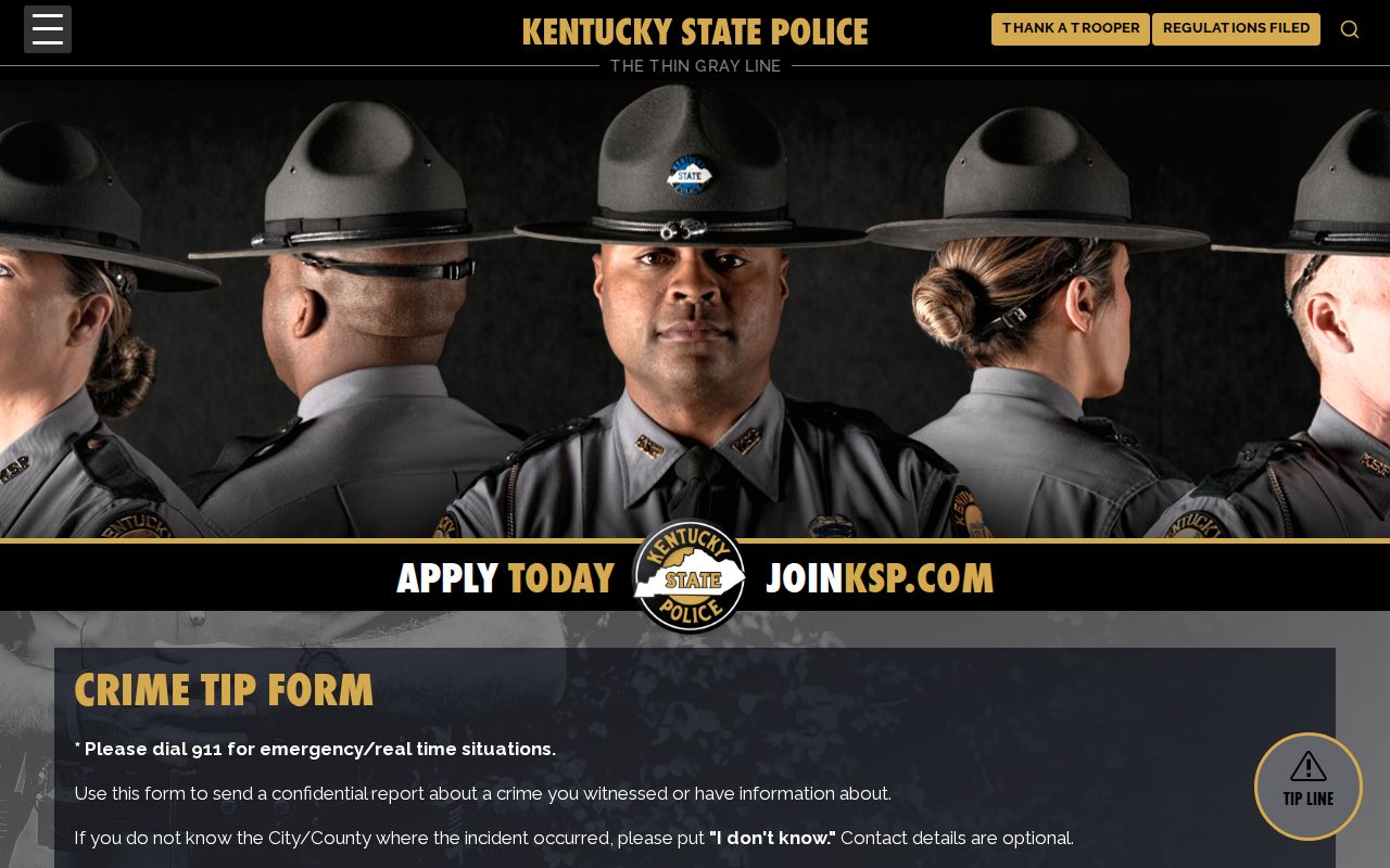 Kentucky State Police confidential tip form for Green County wanted information