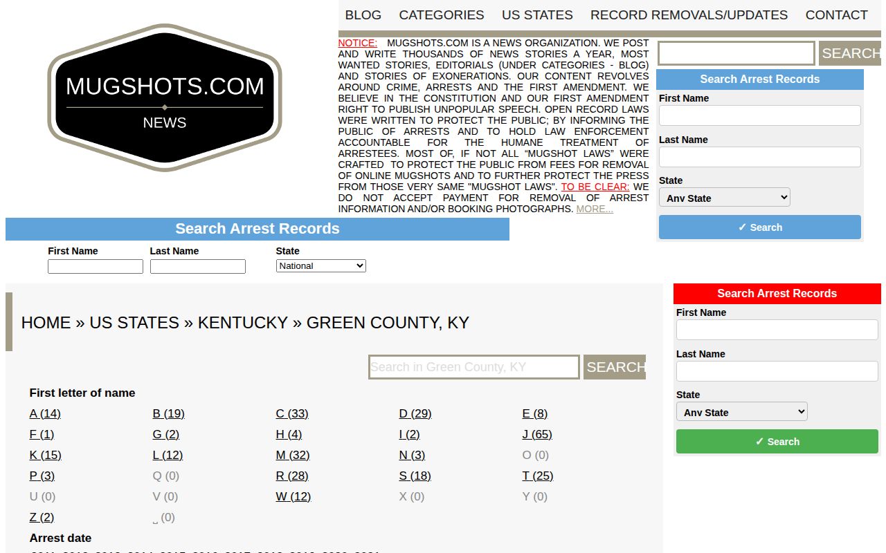 Unofficial archival Mugshots.com Green County records interface